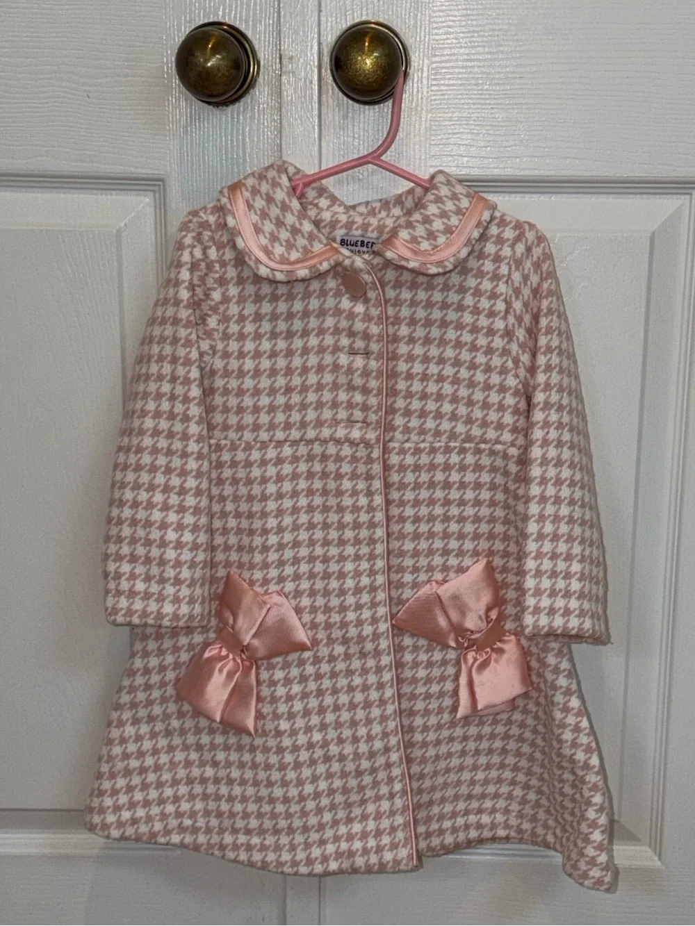 Blueberi Boulevard Pink Houndstooth Coat with Satin Bows